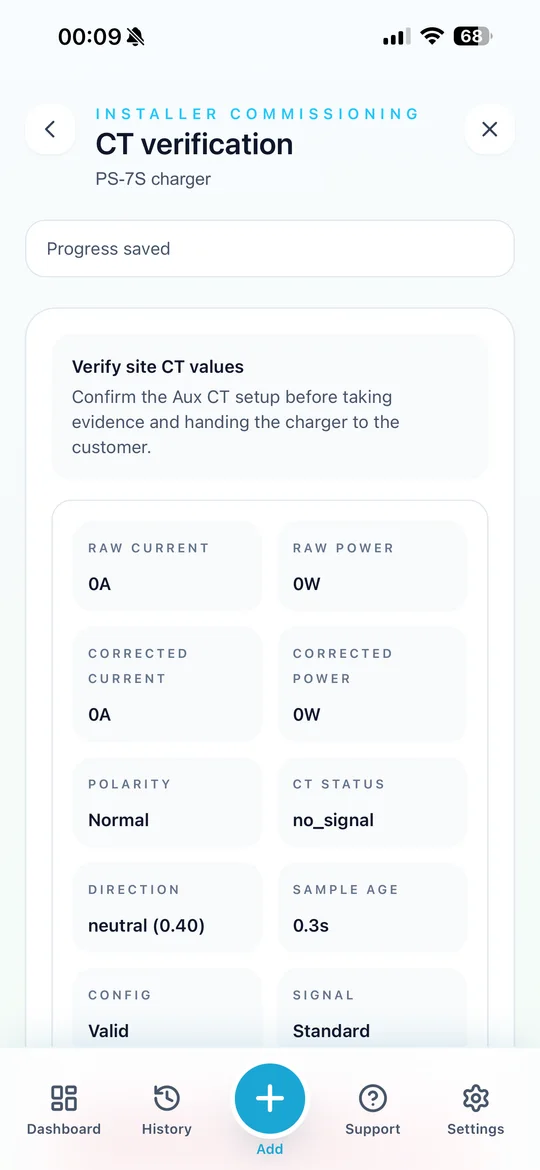 PlugStream Installer CT verification screen showing current, power, polarity, and signal values