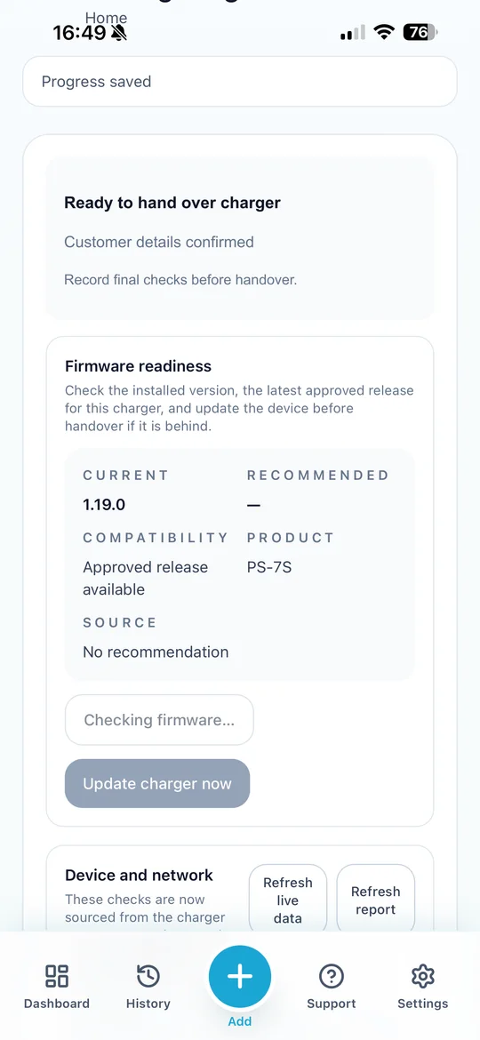 PlugStream Installer firmware readiness screen showing installed and recommended charger firmware