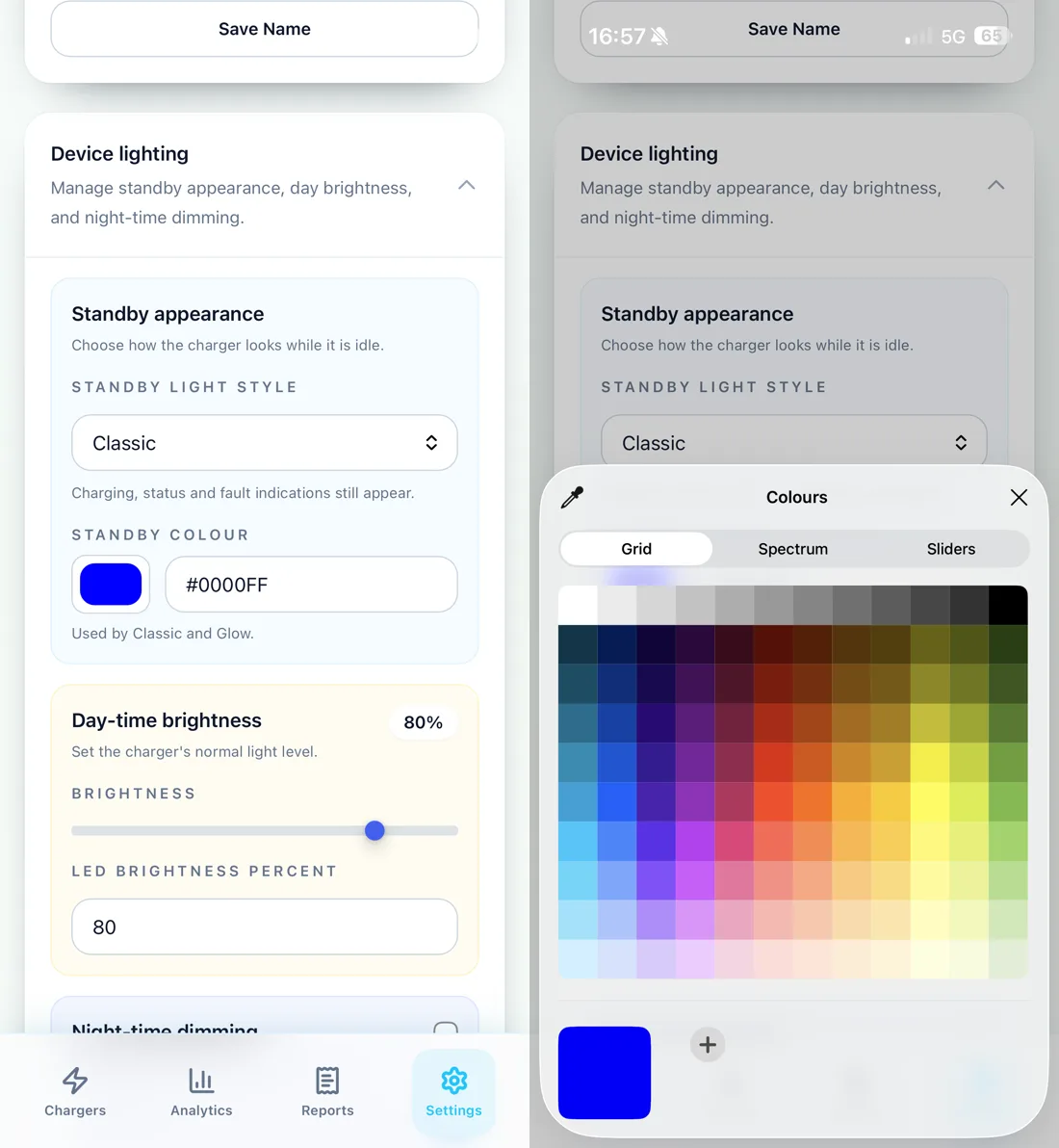 MyPlugStream Device lighting settings beside the iOS colour picker, showing Classic mode and a blue custom colour.