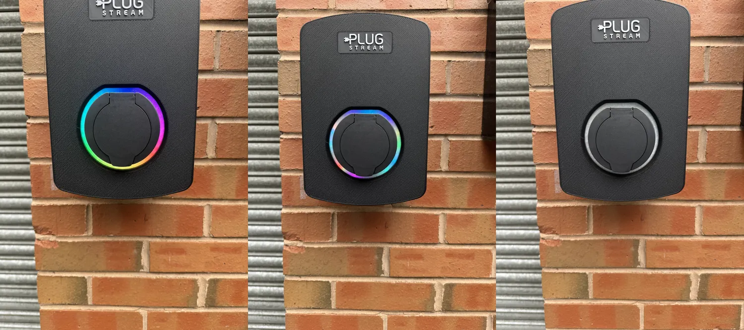 Aurora, Sparkle and Stealth standby appearances shown on an installed PlugStream charger.