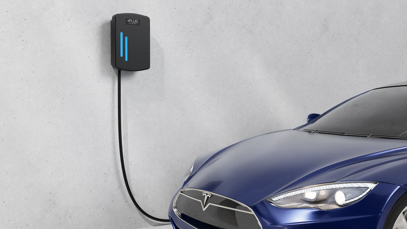 PlugStream home EV charger installed beside a parked car